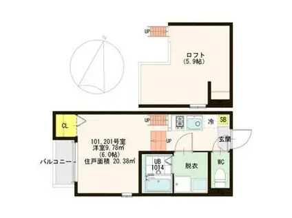 ハーモニーテラス野里II(1K/1階)の間取り写真