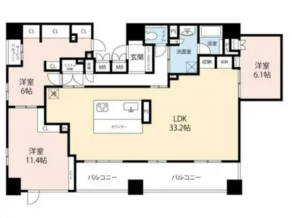 ローレルタワー心斎橋(3LDK/23階)の間取り写真