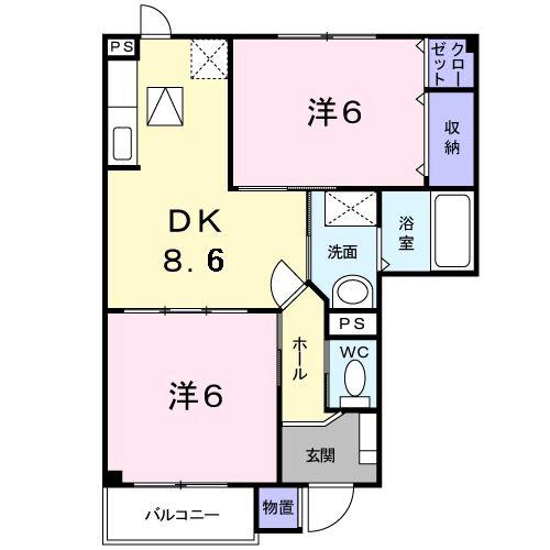 ウィスティリアB(2DK/1階)の間取り写真
