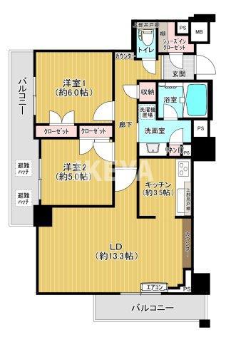 アデニウムタワー梅田(2LDK/12階)の間取り写真