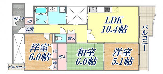 KDXレジデンス夙川ヒルズ2番館(3LDK/1階)の間取り写真