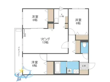 ZABO HILLS TOYOHIRA イースト・ウエスト(3LDK/3階)の間取り写真