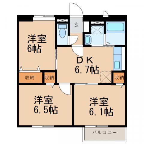 カーサフェリスB(3DK/1階)の間取り写真