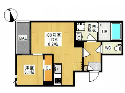 GRANDTICオーシャン富田(1LDK/1階)の間取り写真