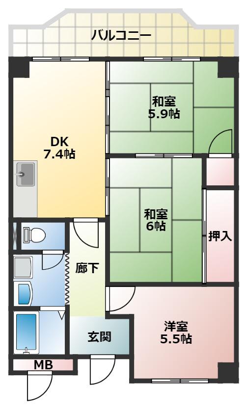 新栄プロパティー軽里(3DK/4階)の間取り写真