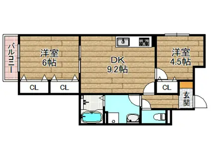 HEALING GRACE 高槻高西町A棟(2LDK/2階)の間取り写真