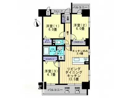 アルファライフ栗林駅北(3LDK/6階)の間取り写真