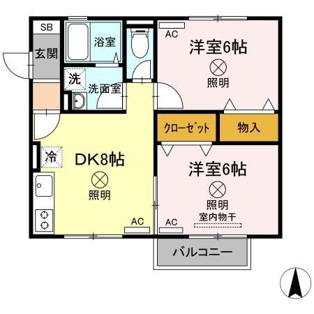 ベルデュールB棟(2DK/2階)の間取り写真
