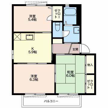 コスモハイツ F棟(3K/2階)の間取り写真