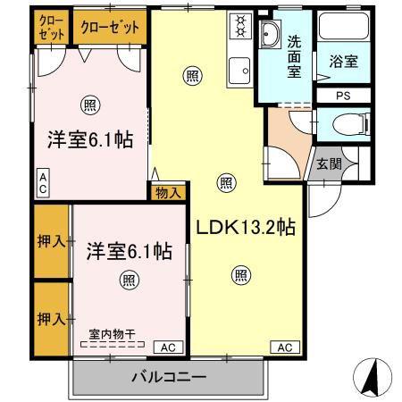 ラシェット エムザ A棟(2LDK/2階)の間取り写真
