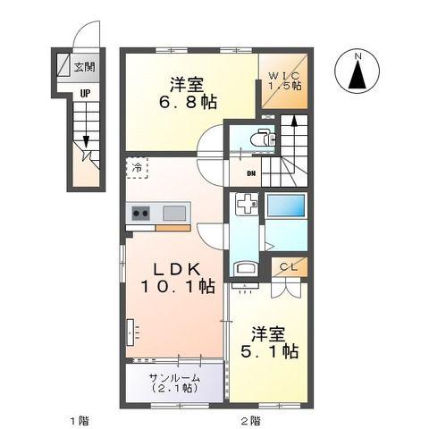 富山市向新庄町7丁目アパート(2LDK/2階)の間取り写真