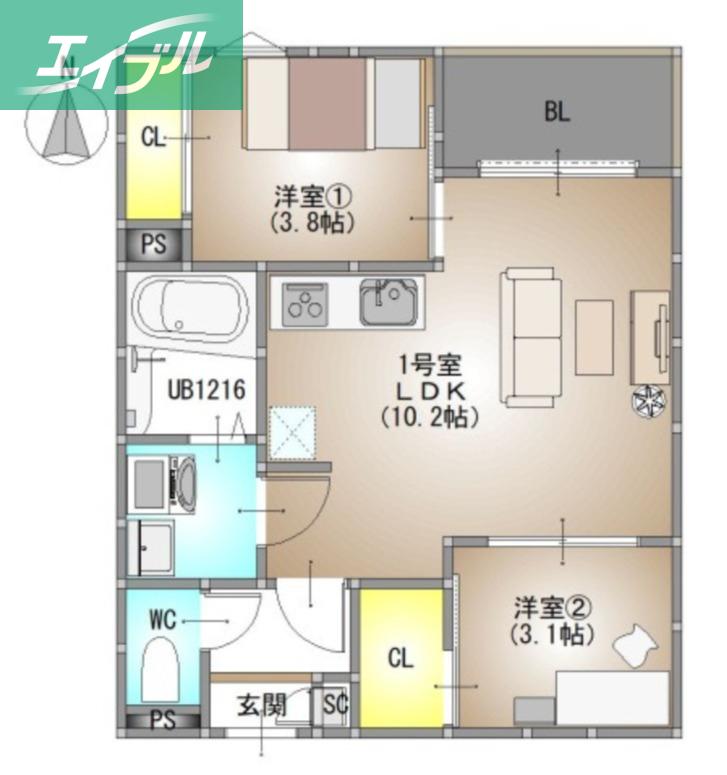 REGALEST 伊島I(2LDK/1階)の間取り写真