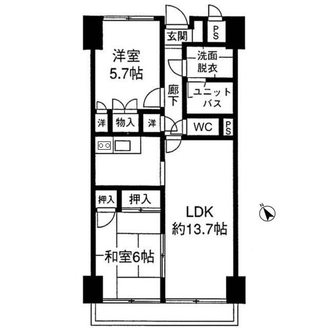 グランドール武戸野(2LDK/6階)の間取り写真