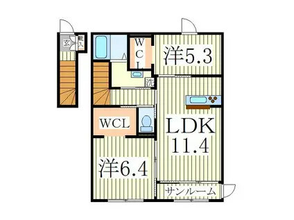 シェルルおおたかの森(2LDK/2階)の間取り写真