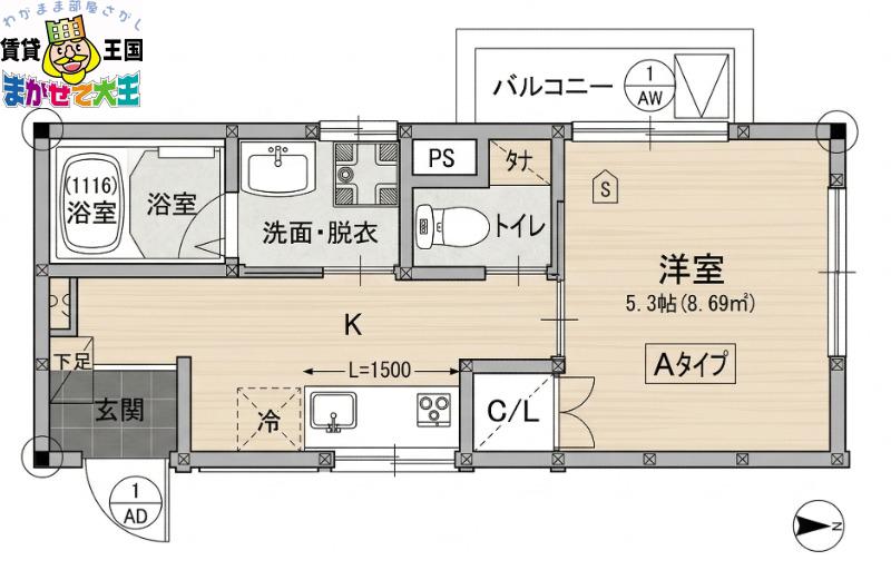 アミティシーボルト通(1K/1階)の間取り写真