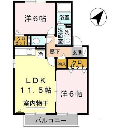 アルカディア B棟 栗東市高野(2LDK/1階)の間取り写真