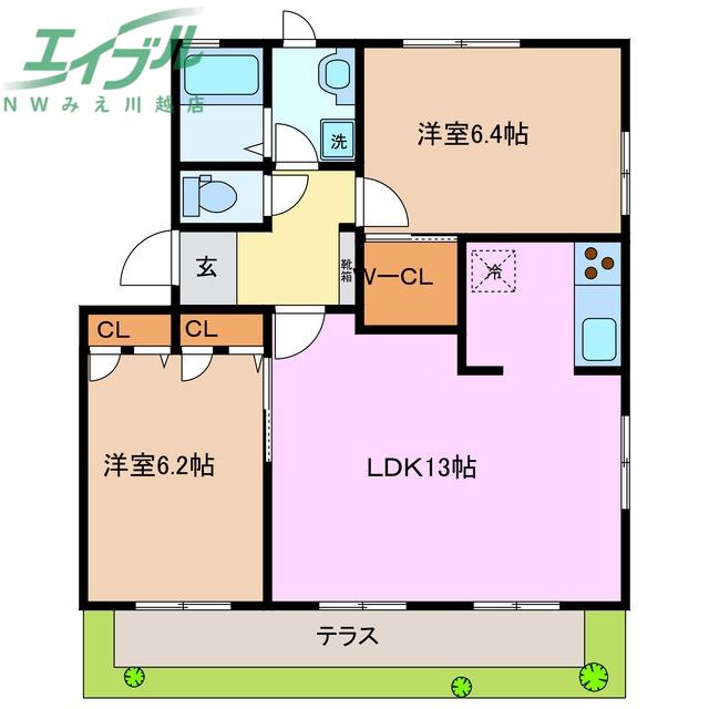 ナディア長折 B棟(2LDK/1階)の間取り写真