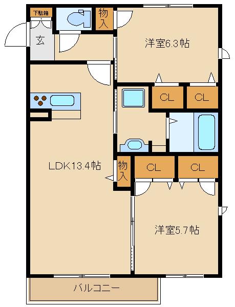マ シャンブル B(2LDK/1階)の間取り写真
