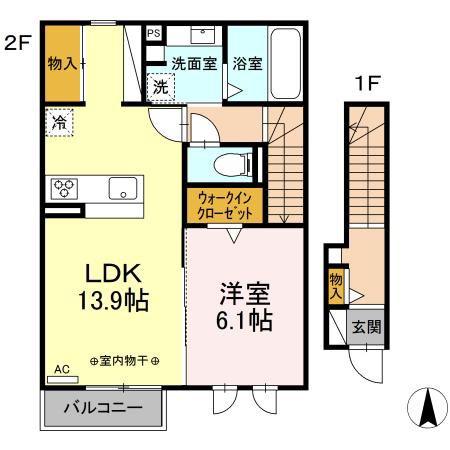 D-ROOM茜部中島 B棟(1LDK/2階)の間取り写真