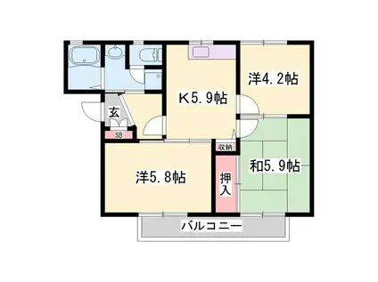 ディアス鵤 B棟(3K/1階)の間取り写真