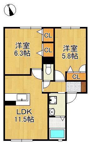 クラヴィエひびきの(2LDK/1階)の間取り写真