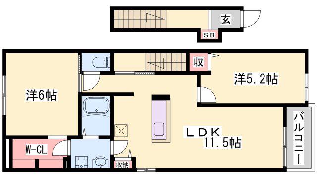 ルナソルE(2LDK/2階)の間取り写真