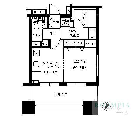 パークキューブ市ヶ谷(1DK/13階)の間取り写真