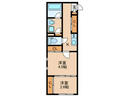 ライフ・モア原B棟(2K/2階)の間取り写真