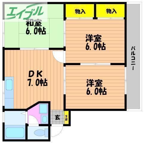 メモリアルハイツG(3DK/1階)の間取り写真