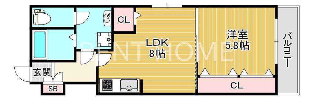 エクセレント久宝園(1LDK/2階)の間取り写真