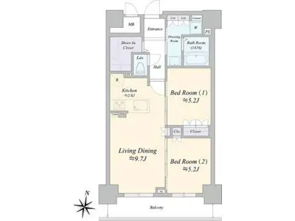 ジュノール札幌植物園(2LDK/9階)の間取り写真