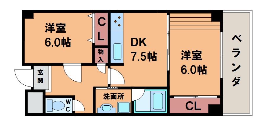 リヴェール千扇(2DK/7階)の間取り写真