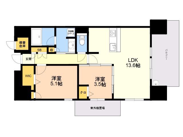 DEUX・RESIA 薬院 THE CITY(2LDK/12階)の間取り写真