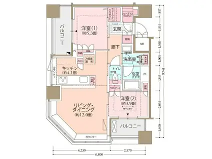 フロール横濱関内(2LDK/11階)の間取り写真