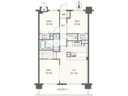 ライオンズシティ北綾瀬(3LDK/2階)の間取り写真