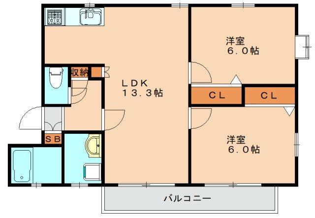 メープル香椎B(2LDK/2階)の間取り写真
