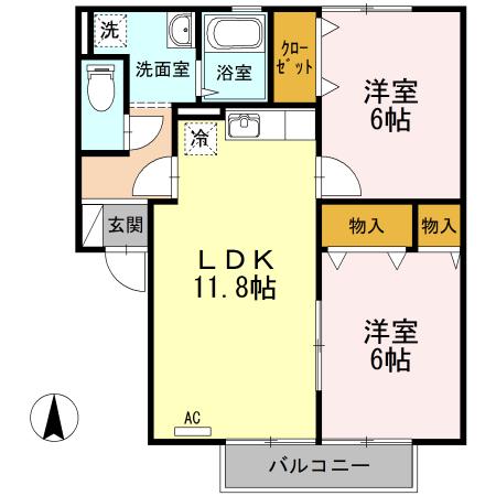 フローラルコート(2LDK/2階)の間取り写真