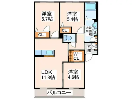 ウエストヒルズ A棟(3LDK/2階)の間取り写真