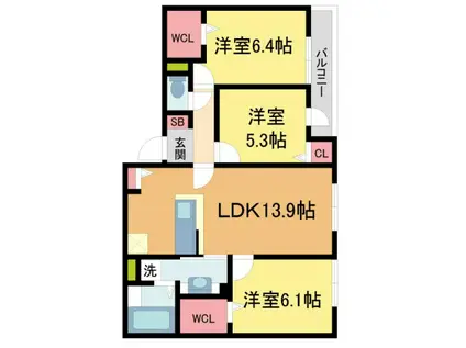 セルクル ブラン(3LDK/3階)の間取り写真
