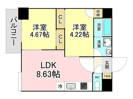 ウイングス砂津(2LDK/9階)の間取り写真