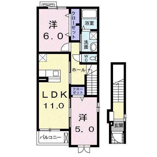 レインボーキャッスル山際IIB(2LDK/2階)の間取り写真