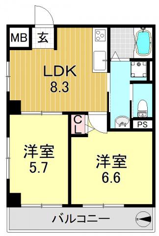 リュストル 平野(2LDK/3階)の間取り写真