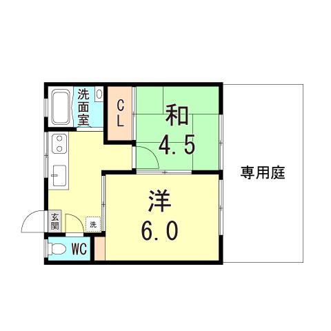 岡の上ハイツ(2K/1階)の間取り写真