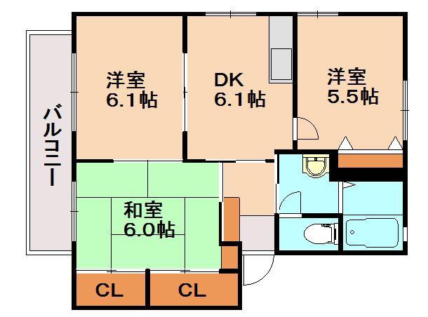メゾンタカタB棟(3DK/2階)の間取り写真