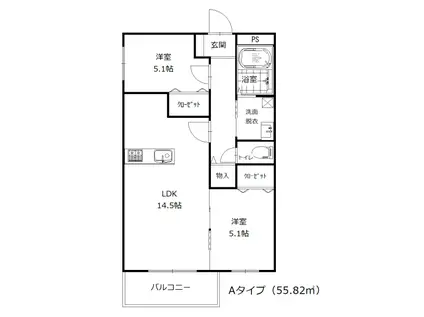  リヴェール西宮(2LDK/2階)の間取り写真