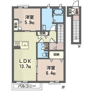 カーサ・デ・アニマレスB(2LDK/2階)の間取り写真