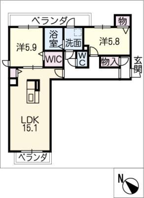 プリュネ向山(2LDK/2階)の間取り写真