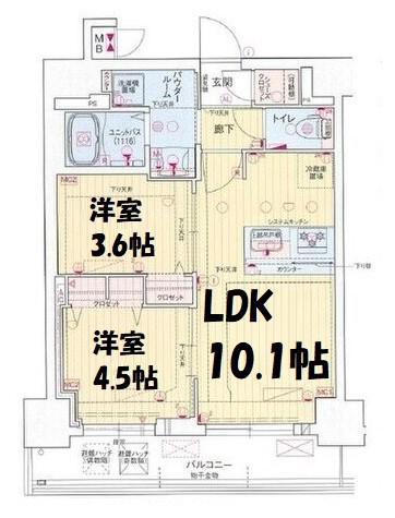 プレリス花の木オルディア(2LDK/14階)の間取り写真