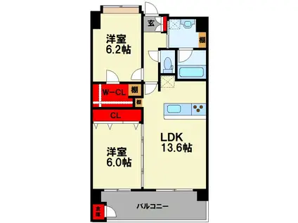 ニューガイア飯塚北(2LDK/8階)の間取り写真