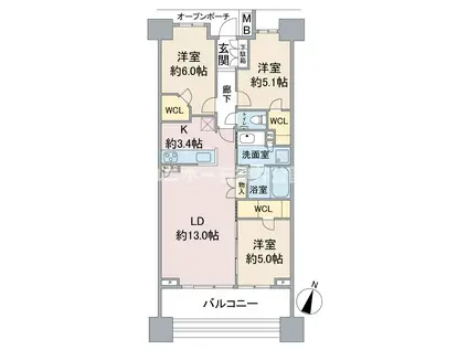 プラウド大宮(3LDK/21階)の間取り写真